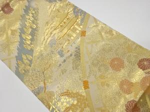 リサイクル　純金二重箔寺院に菊・木々模様織出し袋帯